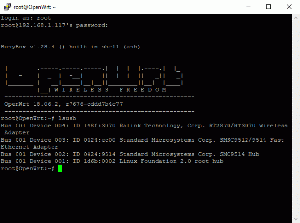 Zaslon prozora OpenWRT Putty Terminal