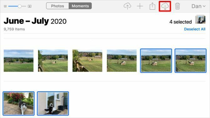 Gumb za preuzimanje na web mjestu iCloud Photos na Macu