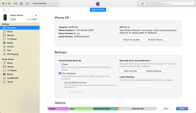 Odjeljak sažetka iTunesa
