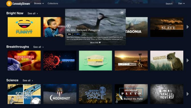 CuriosityStream početni zaslon koji prikazuje izbor emisija za gledanje
