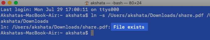 Datoteka postoji u poruci dok stvara simlink u Terminalu na macOS-u