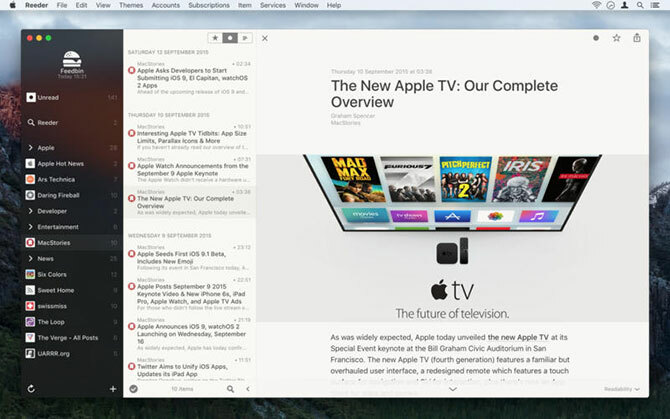 Reeder sučelje RSS čitača na Macu