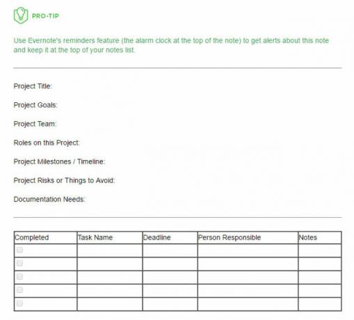 Predložak plana projekta Evernote
