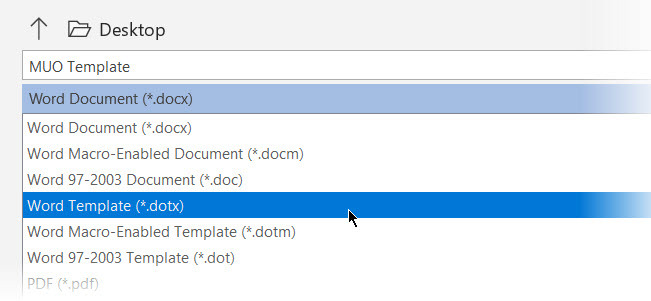 Opcija za spremanje datoteke za format predloška dokumenta