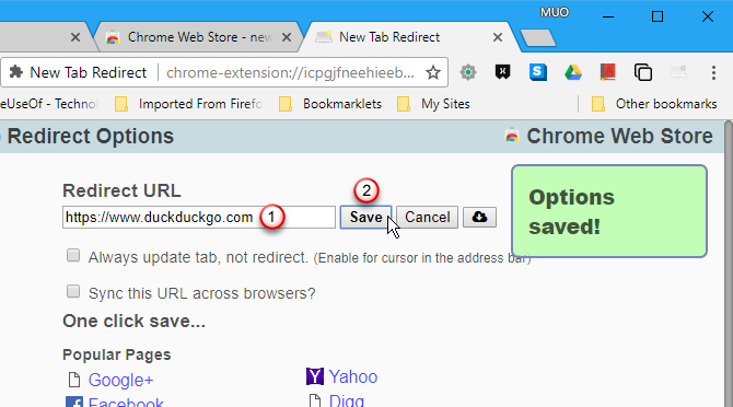 Unesite URL u nove opcije preusmjeravanja kartice u Chrome