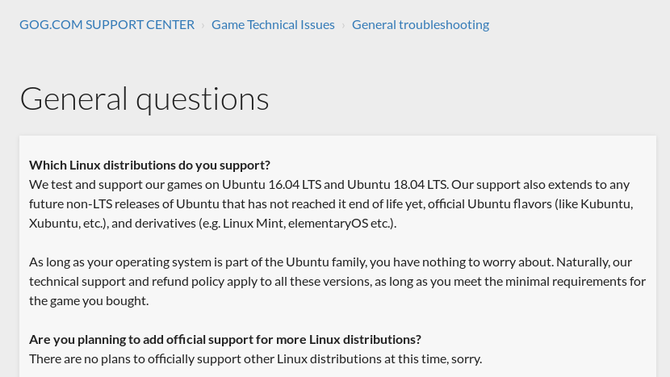 GOG.com prikazuje podržane verzije Linuxa
