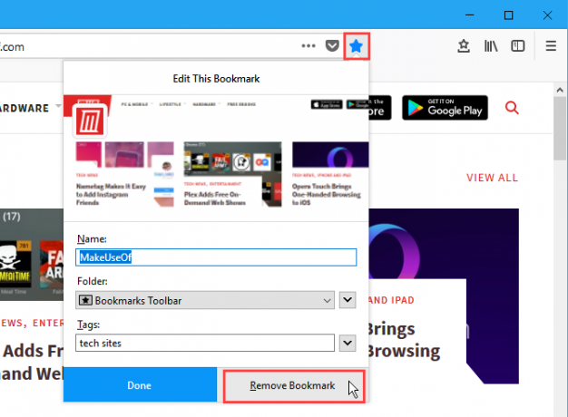 Kliknite Ukloni oznaku u dijaloškom okviru Uredi ovu oznaku u Firefoxu