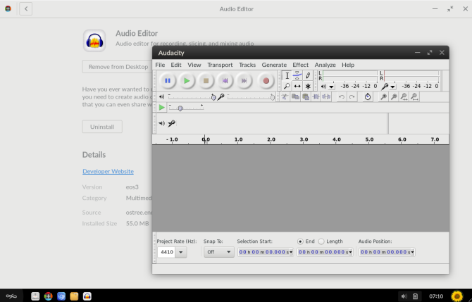 VLC audio editor otvoren na radnoj površini Endless OS-a