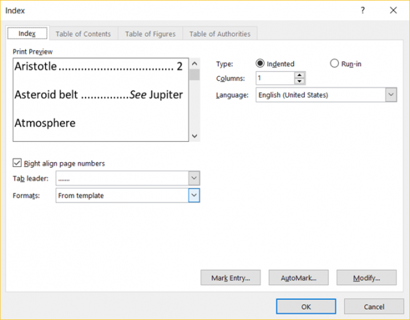 Jednostavan vodič za karticu Microsoft Word Reference Tablica MSWord Indexformat