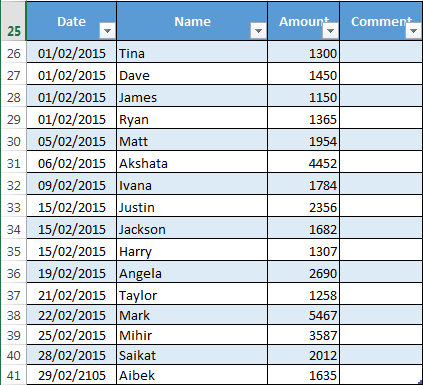 Tabela Excel DateAmount