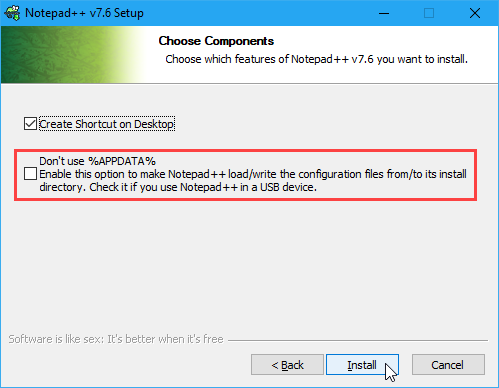 Potvrdite polje Ne koristi% APPDATA% tijekom instalacije Notepad ++