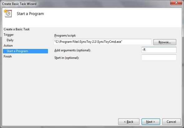 SyncToy: Microsoftovo jednostavno sigurnosno kopiranje i rješenje za sinkronizaciju [Windows] Task Scheduler Stvaranje osnovnog zadatka Akcija Pokretanje programa Lociranje mape