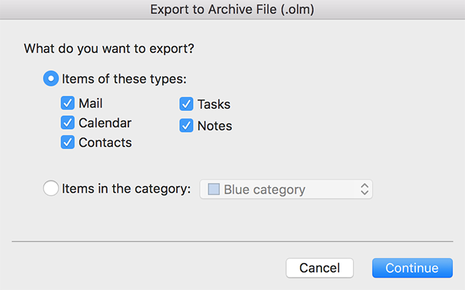 odaberite stavke za izvoz u programu Outlook