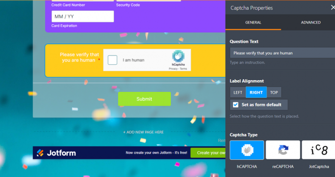 Jotform Captcha snimka zaslona