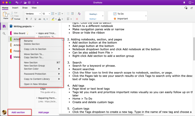 dodajte odjeljak u OneNote Mac