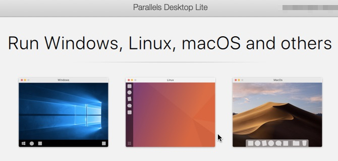 Ekran pokretanja u Parallels Desktop Lite na macOS-u