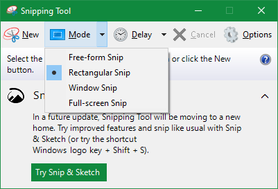 Početna stranica Windows Snipping Tool